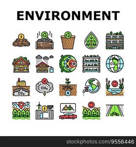 green environment earth nature icons set vector. eco recycle, world save, ecology plant, environmental engineer, planet global day green environment earth nature color line illustrations. green environment earth nature icons set vector
