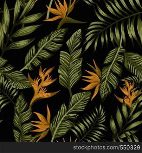 Green exotic palm banana leaves yellow tropical flowers bird of paradise seamless pattern vector black background