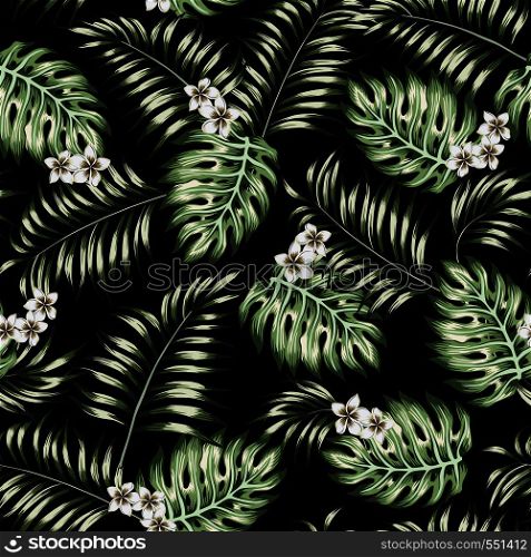 Green exotic tropical leaves and plumeria (frangipani) flowers seamless vector on the black background. Floral pattern