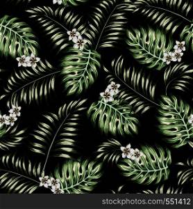 Green exotic tropical leaves and plumeria (frangipani) flowers seamless vector on the black background. Floral pattern