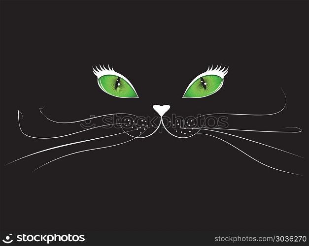 Green eyed cartoon cat face on black background.. Cartoon cat face in black