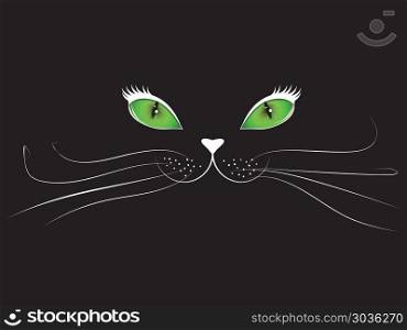 Green eyed cartoon cat face on black background.. Cartoon cat face in black