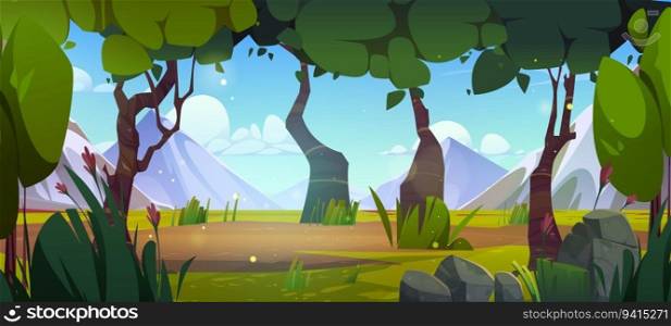 Green field in forest landscape vector background. Summer mountain cartoon illustration with tree, lawn and flower. 2d game panoramic park environment. Cute natural paradise world outdoor location. Green field in forest landscape vector background