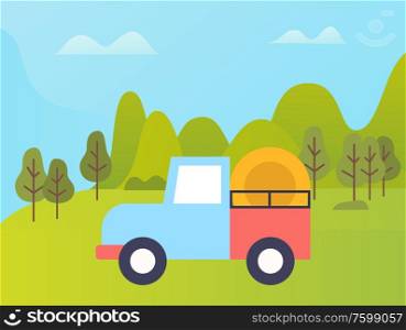 Green field vector, truck transporting grain to destination, hay bales in machine. Greenery of forest and meadows, industrial agriculture, farming. Grain Truck Loaded with Agricultural Production