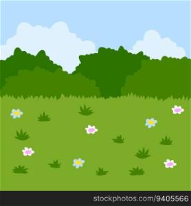 Green field with grass. Lawn with bushes and sky. Background for nature. Flat Funny lawn. Green field with grass. Lawn with bushes