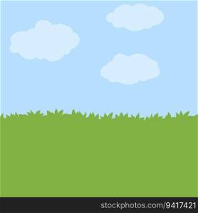 Green field with grass. Lawn with bushes and sky. Background for nature. Flat Funny lawn. Green field with grass. Lawn with bushes