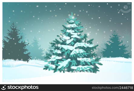 Green fir tree in winter forest vector illustration. Falling snow in winter forest. Nature illustration. Green fir tree in winter forest vector illustration