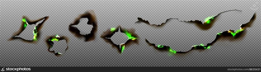 Green fire burning gunshot holes, edges of paper, cloth png set. Charred uneven frames damaged by magic emerald fire, witchcraft spell. Realistic vector illustration isolated on transparent background. Green fire burning gunshot holes, paper edges