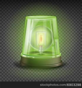 Green Flasher Siren Vector. Realistic Object. Light Effect. Rotation Beacon. Warning And Emergency Flashing Siren. Isolated On Transparent Background Illustration. Green Flasher Siren Vector. Realistic Object. Light Effect. Rotation Beacon. Warning And Emergency Flashing Siren. Isolated On Transparent Background