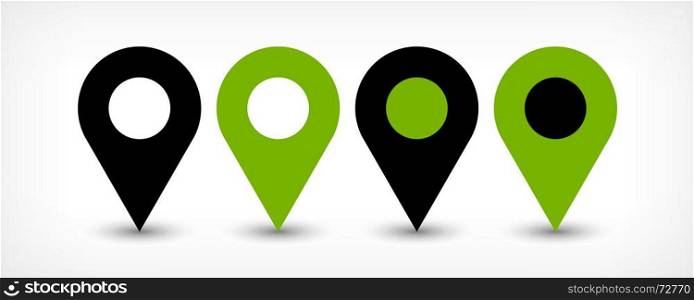 Green flat map pin sign location icon with shadow. Map pin sign location icon with gray shadow in flat simple style. Four variants in two color black and green rounded shapes isolated on white background. Vector illustration web design element 8 EPS