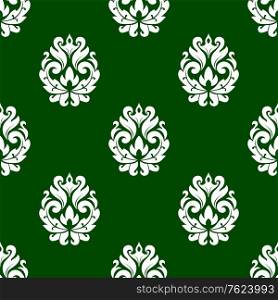 Green floral damask style seamless pattern with arabesque motifs in square format suitable for textile of wallpaper. Green floral damask style seamless pattern