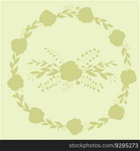 Green floral outline round frame. Botanical template with flowers