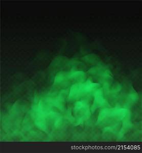 Green fog, bad smell or toxic smoke cloud isolated on transparent background. Realistic smog, haze, mist or cloudiness effect. Realistic vector illustration.. Green fog, bad smell or toxic smoke cloud isolated on transparent background.
