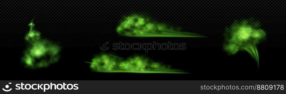 Green foggy trail from quick start, takeoff, explosion isolated on transparent background. Realistic vector illustration of smoke cloud and black particles. Car, rocket, aircraft speed design element. Green foggy trail from quick start, takeoff