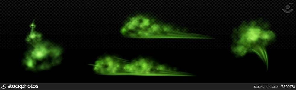 Green foggy trail from quick start, takeoff, explosion isolated on transparent background. Realistic vector illustration of smoke cloud and black particles. Car, rocket, aircraft speed design element. Green foggy trail from quick start, takeoff