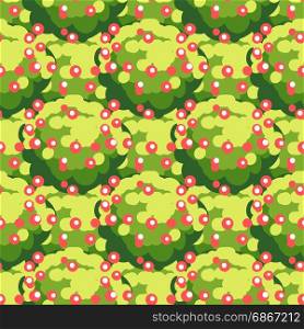 Green foliage and berries seamless pattern. Nature seamless texture with abstract green foliage and berries, vector illustration