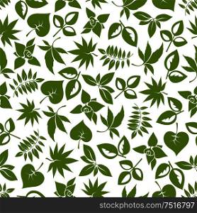 Green foliage seamless pattern of delicate leaves with stems of trees, bushes and herbs. For retro stylized wallpaper, nature background or scrapbook page themes design. Green leaves retro seamless pattern
