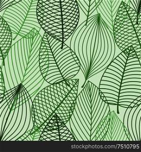 Green foliage seamless pattern with outline fragile leaves in shades of green colors. For retro wallpaper or interior accessories design. Green foliage seamless pattern of outline leaves