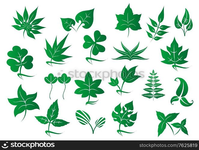 Green forest and field leaves or plants set for ecology and natural logo design