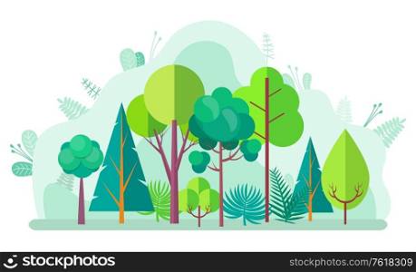 Green forest with tree and bushes, firs and birches, pines and oaks on blurred background of green plants. Vector landscape with wood design elements. Green Forest with Tree, Bushes Firs and Birches