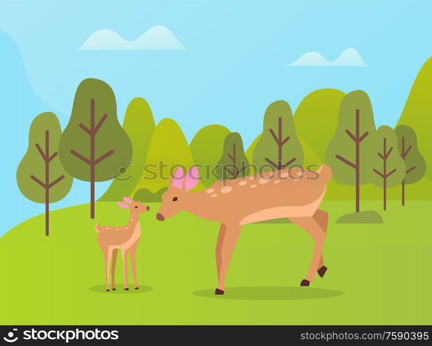 Green forest with trees and hills vector, deer baby and adult mother caring for kid. Countryside area for animals to live fully, Ecological environment. Natural Park Created for Deers to Live, Forest