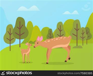 Green forest with trees and hills vector, deer baby and adult mother caring for kid. Countryside area for animals to live fully, Ecological environment. Natural Park Created for Deers to Live, Forest