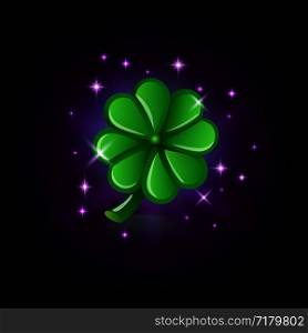 Green four-leaf clover with sparkles, luck symbol, slot icon for online casino or logo for mobile game on dark background, vector illustration. Green four-leaf clover with sparkles, luck symbol, slot icon for online casino or logo for mobile game on dark background, vector illustration.