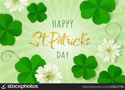 Green four-leaf lucky clovers card. Happy St. Patricks day decorative vector background.