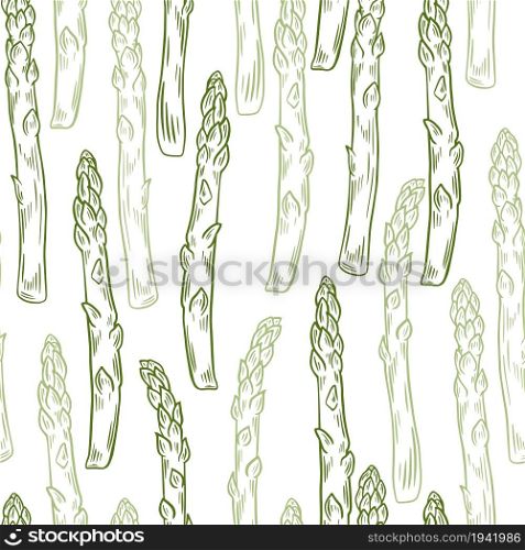 Green fresh asparagus pods seamless pattern, vector illustration. Background with organic grown healthy food. Hand engraved, vintage sketch. Template for wallpaper and packaging.. Green fresh asparagus pods seamless pattern, vector illustration.