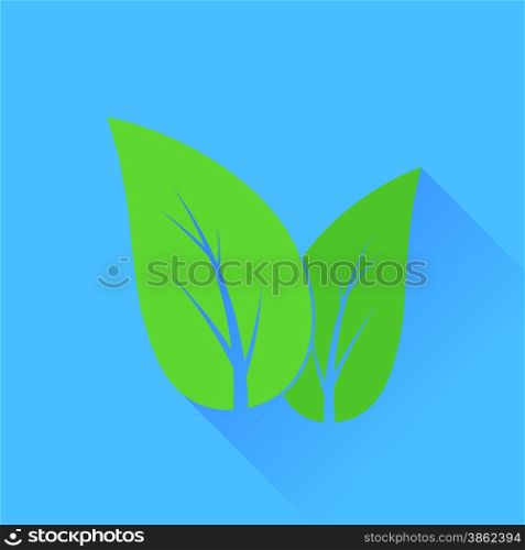 Green Fresh Leaves Isolated on Blue Background. Organic Symbol.. Leaves