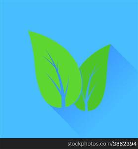 Green Fresh Leaves Isolated on Blue Background. Organic Symbol.. Leaves