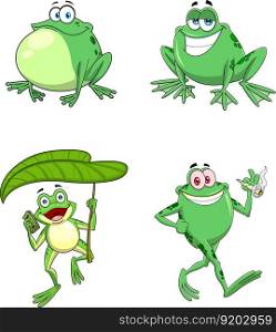 Green Frog Cartoon Characters. Vector Hand Drawn Collection Set Isolated On Transparent Background