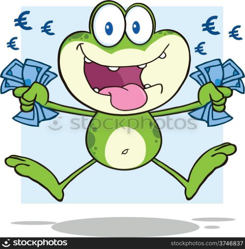 Green Frog Cartoon Mascot Character Jumping With Euro