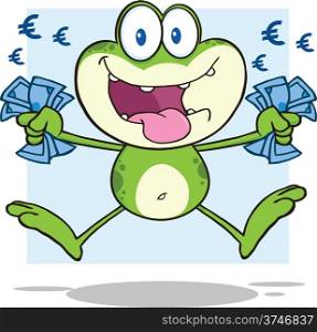 Green Frog Cartoon Mascot Character Jumping With Euro