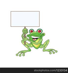 Green Frog Sitting on the Ground Holding Blank Board Vector Illustration