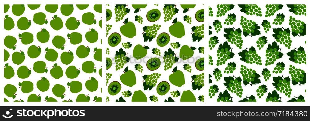 Green fruit seamless pattern set. Fashion design. Apple, grapes and kiwi. Food print for clothes, linens or curtain. Hand drawn vector sketch background collection