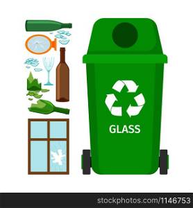 Green garbage can with glass garbage elements, vector illustration. Green garbage can with glass