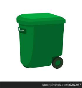 Green garbage container icon in cartoon style on a white background. Green garbage container icon, cartoon style