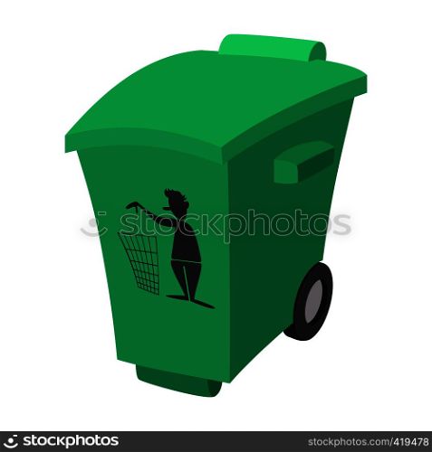 Green garbage, trash bin cartoon icon on a white background. Green garbage, trash bin cartoon icon