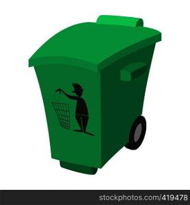 Green garbage, trash bin cartoon icon on a white background. Green garbage, trash bin cartoon icon