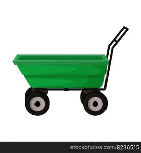 green garden cart in cartoon style and side view. Design a children’s toy or for gardening, harvesting, planting seedlings