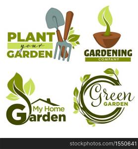 Green garden isolated icons home gardening tools and plants vector groundwork spade and forks leaves and branches emblems and logo growing and cultivation equipment foliage and sprouts in soil. Plant garden gardening tools and leaves or sprouts isolated icons