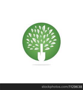 Green garden logo template vector illustration. Shovel tree icon logo template.