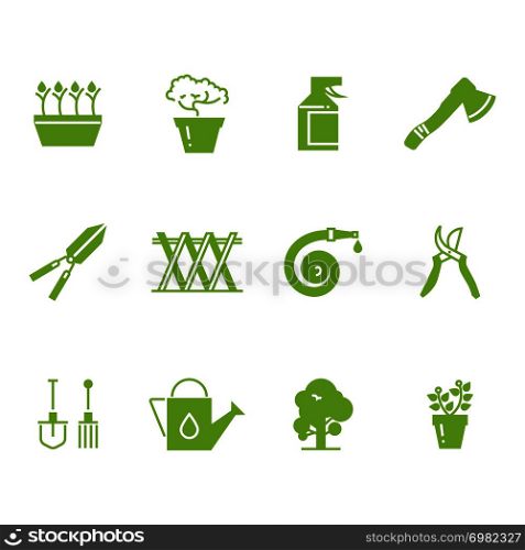 Green gardening tools and accessories icons set. Watering and tools for gardening, vector illustration. Green gardening tools and accessories icons set