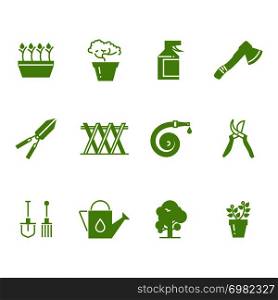 Green gardening tools and accessories icons set. Watering and tools for gardening, vector illustration. Green gardening tools and accessories icons set