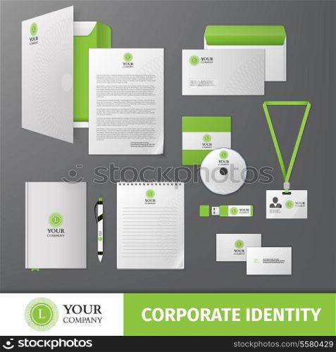 Green geometric business company stationery template for corporate identity and branding set isolated vector illustration