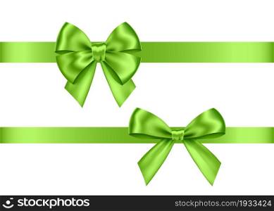Green gift bows set isolated on white background. Christmas, New Year, birthday decoration. Vector realistic decor element for banner, greeting card, poster.
