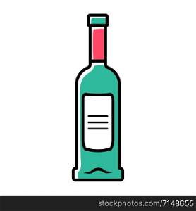 Green glass bottle of wine, gin, absinthe color icon. Alcoholic drink, beverage. Color glass liquor bottle with white label. Stemware in bar, cafe, restaurant. Isolated vector illustration