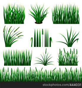 Green glass mockup set. Realistic illustration of 10 grass green mockups for web. Green glass mockup set, realistic style