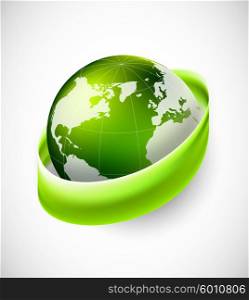 Green globe vector. Green globe with green ribbon ecology vector concept